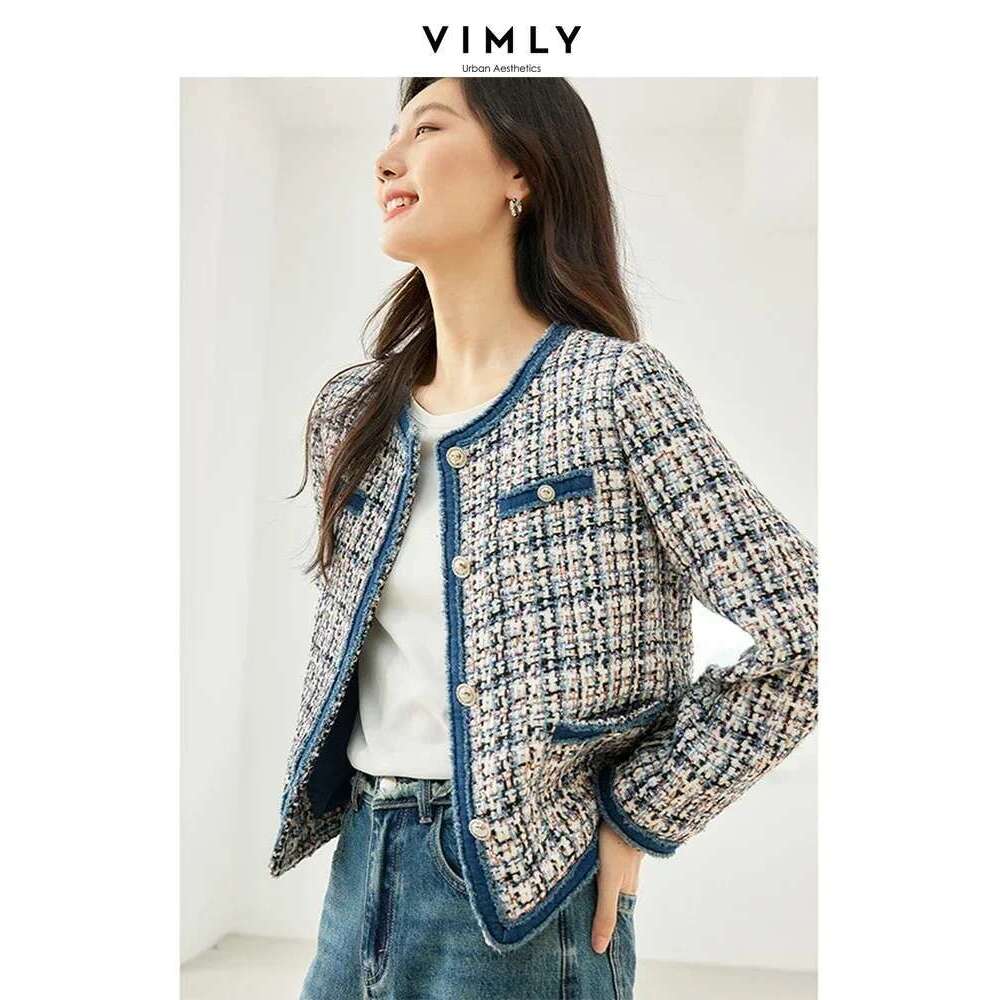 Vimly Plaid Tweed Cropped Jacket For Women 2024 Spring Patch Denim Design Elegant Fashion Lady Short Coat Female Outerwear M3288