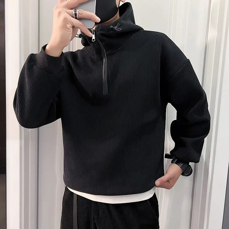 Mens Trendy Simple Casual Half Zipper Hooded Sweatshirt Autumn Winter Black Gray Long Sleeve Loose Pullover Hoodie Clothing 250304