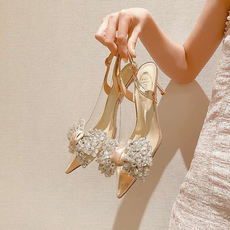 New Pointed Toe Stiletto PVC Rhie Bow Decoration Fashion Ladies Shoes Sexy Elegant Wedding Banquet Party High Heels
