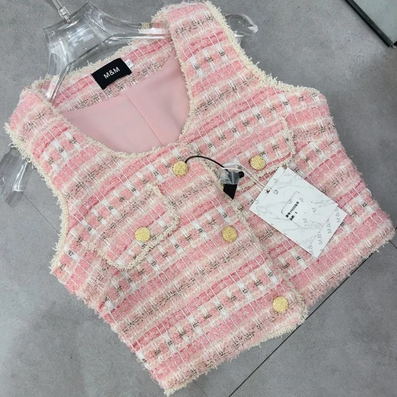 French Small Fragrant Summer Tweed Tank Tops Womens Clothing Pink Tassel Vest Coat Female Outwear 250303