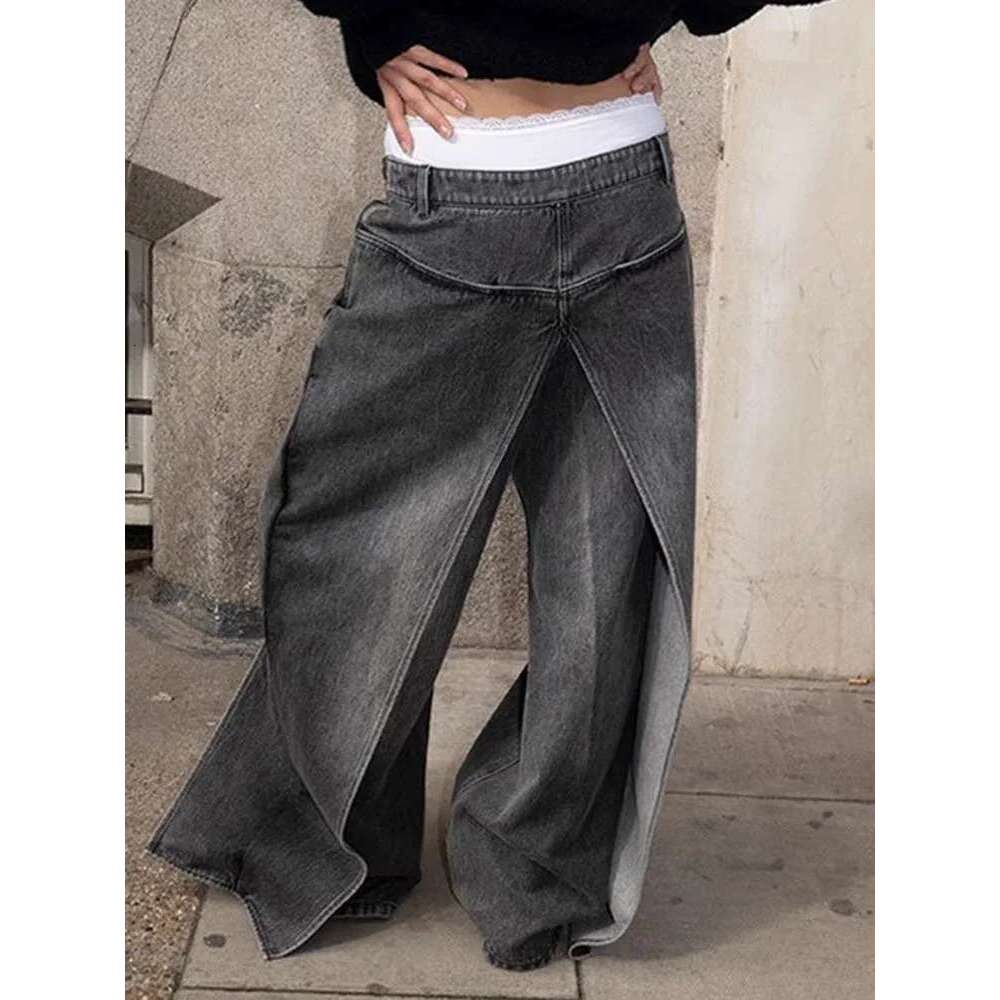 Fashion Women's Jeans Low Waist Front And Back Wearable Fake Two Pieces Banana Wide Leg Pants Spring 2025 New Tide