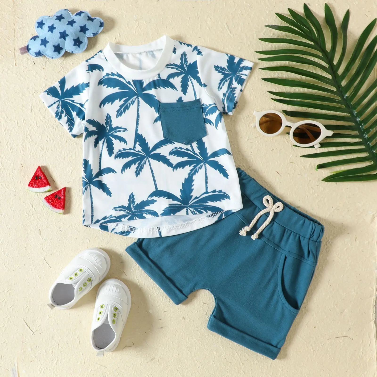 2Piece Sets Summer born Boy Clothes Fashion Casual Print Beach Short Sleeve Cotton TopsShorts Baby Boutique Clothing BC216 250304