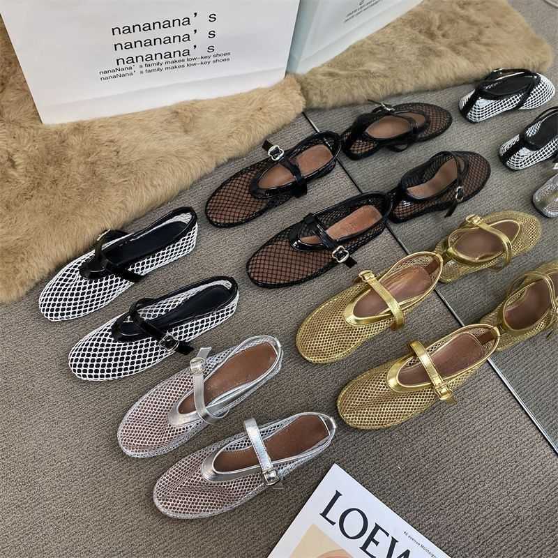 heels Round headed mesh buckle with ballet single shoe womens ins full flash flat bottom hollow Mary Jane sandals fishing net shoes 250309