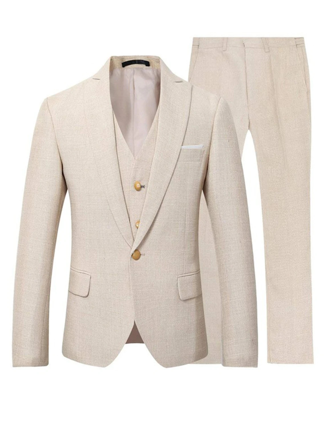 Beige Linen Suit for Men 3 Pieces Formal Wedding Prom Set Slim Fit Jacket Man Groom Tuxedos Costume Homme 250303