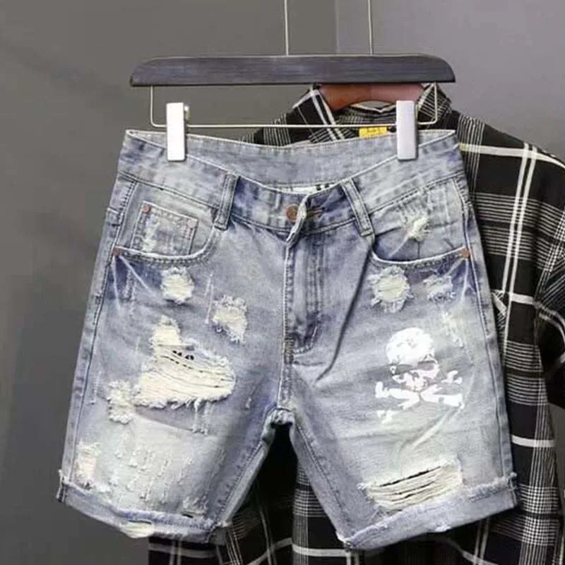 Summer Mens Worn Bead Hole Beggar Stretch Ripped Short Jeans Men Streetwear Korean Fashion Slim Fit Denim Shorts 250304