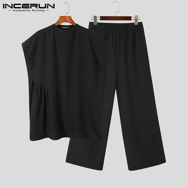 Mens Sets Muslim Style Pleated Dropped Sleeves Half Turtleneck Mid-Length Robe Loose Pants Suit 2 Pieces S-5XL INCERUN 250303