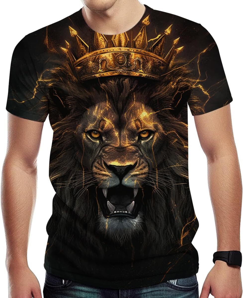 Mens T shirt Men's Lion Print Crew Neck Short Sleeve T-Shirt tee Casual tops summer clothes Fashionable lion pattern