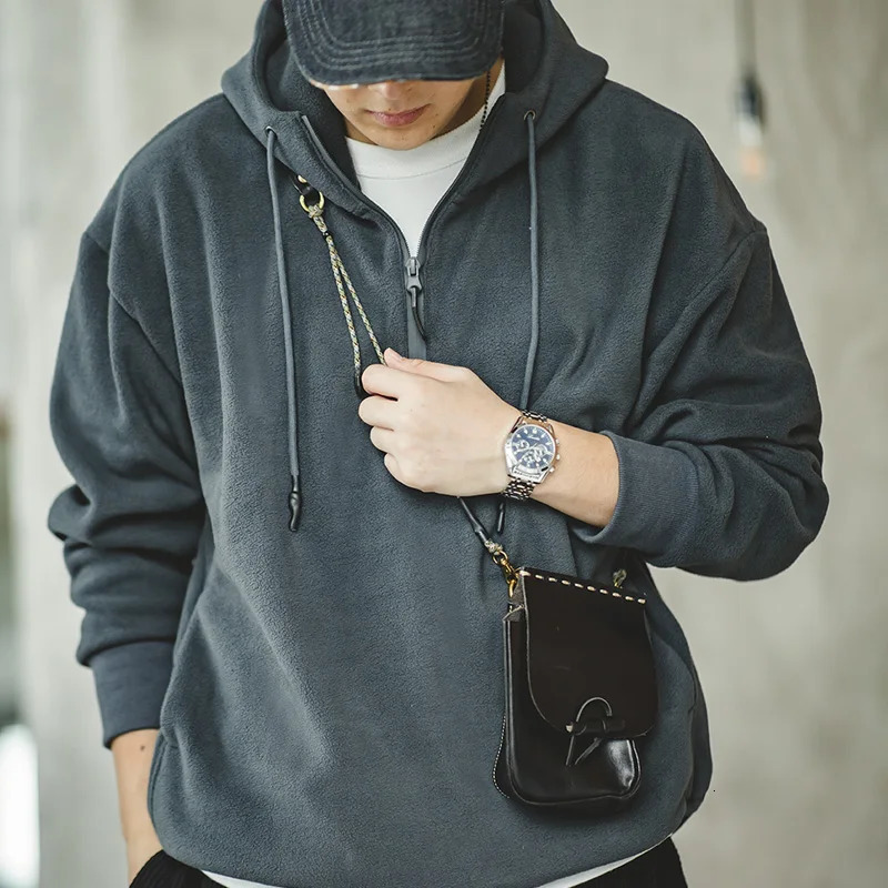Maden doublesided polar wool sweatshirt mens thick hooded autumn and winter solid color direct matching jacket 250304