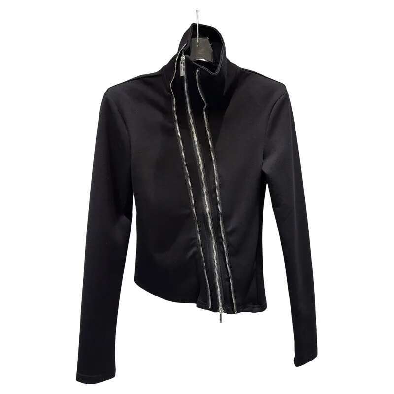 DEAT Fashion Women's Diagonal Metal Zipper Design Long Sleeve T-Shirt Turtleneck Solid Color Tops Female 2024 Autumn New 11A0798