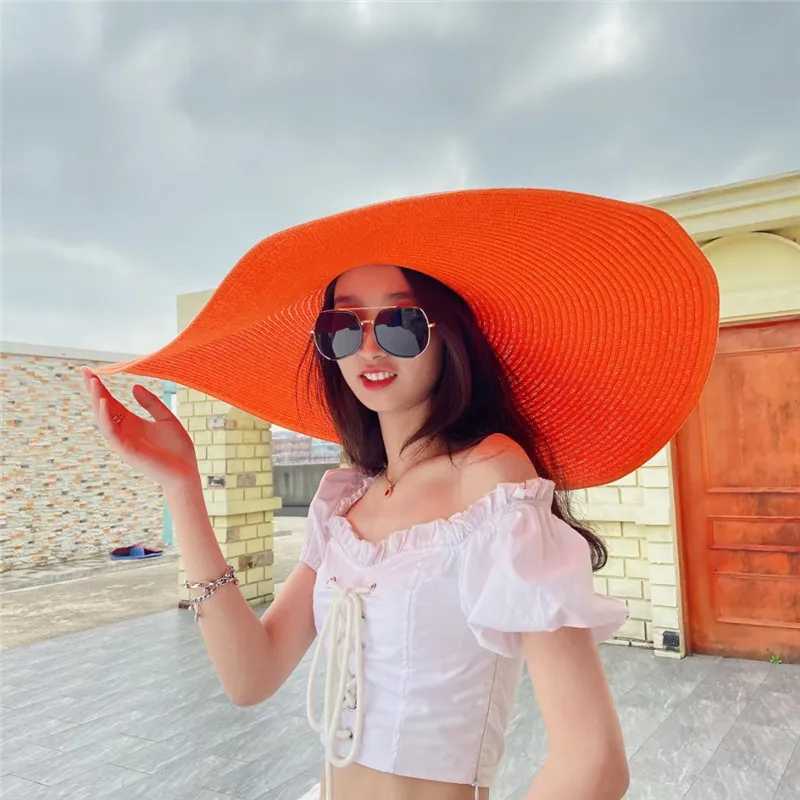Simple Large Foldable 25cm Wide Brim Floppy Str Hat For Women Girl Uv Protection Sun Hat Female Holiday Beach Panama Shade CXJ250304