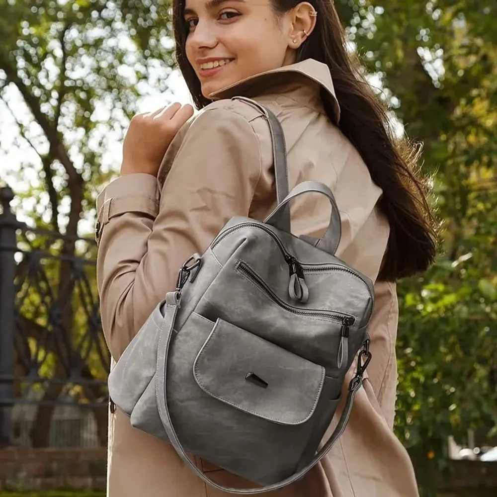 Ship from US PU Leather Backpack Purse for Women Casual Handbag Ladies Shoulder Bags Grey 250304FBB