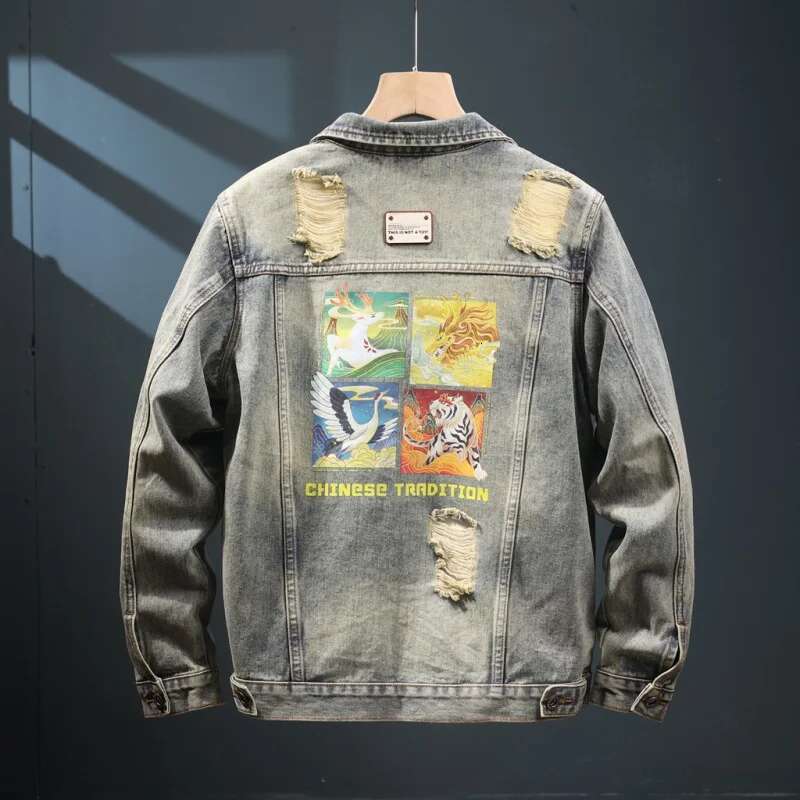 Washed Vintage Denim Men's Fashion Ing Printing 2024 New Autumn High-End Design Ripped Jacket