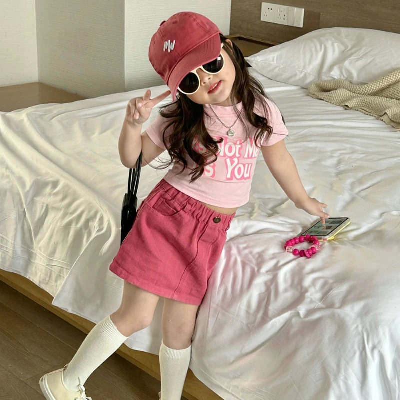 Summer Children Girls Short Sleeved Suit Girls Pink T-shirtSkirt Suits Kids Comfortable Sweet Girls Fashion Casual Clothes Set 250304