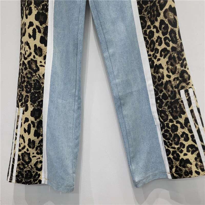 Street Hipster Ing Leopard Print For Women 2024 Autumn New Split Straight Trousers American Style High Waisted Jeans
