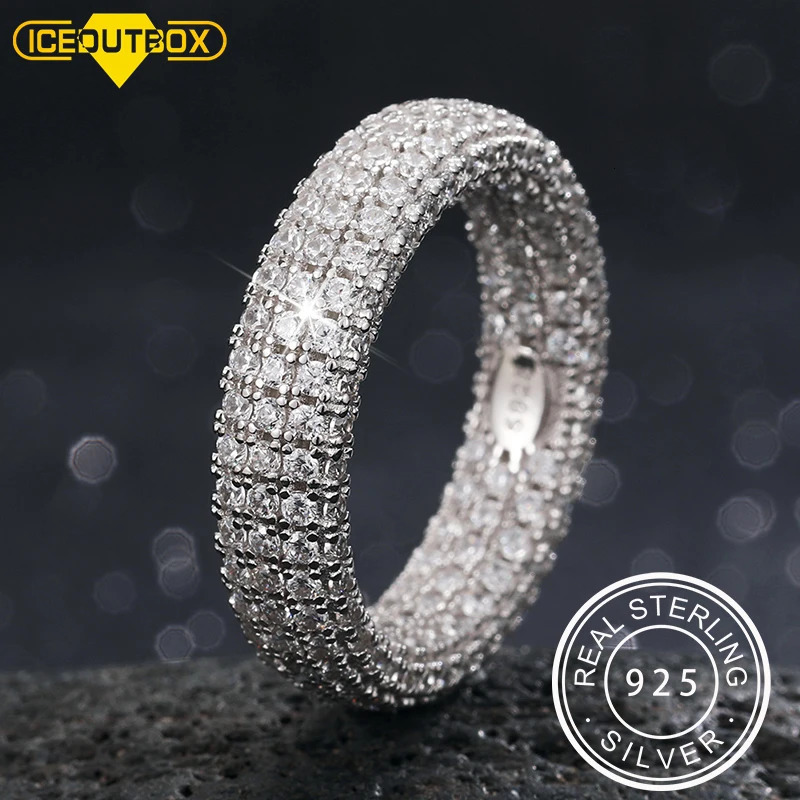 Hip Hop Real 925 Sterling Stamp Ring Full Cubic Zircon Gold Charm Jewelry Punk Male Women Finger Rings Size 7-10 Unisex 250227