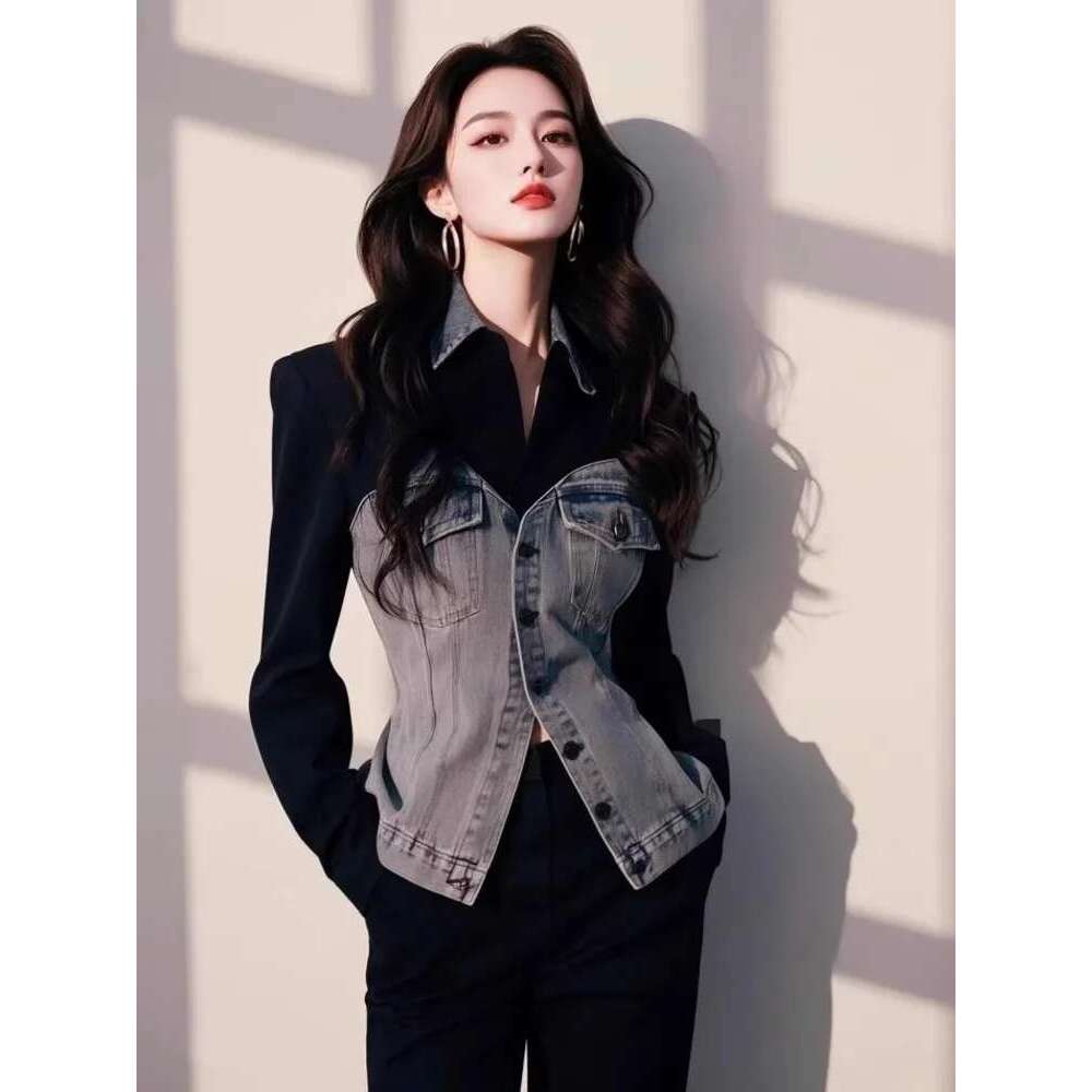 Fashion Denim Patchwork Shirt Women's Lapel Slim Single Breasted Long Sleeves Black Blouse New
