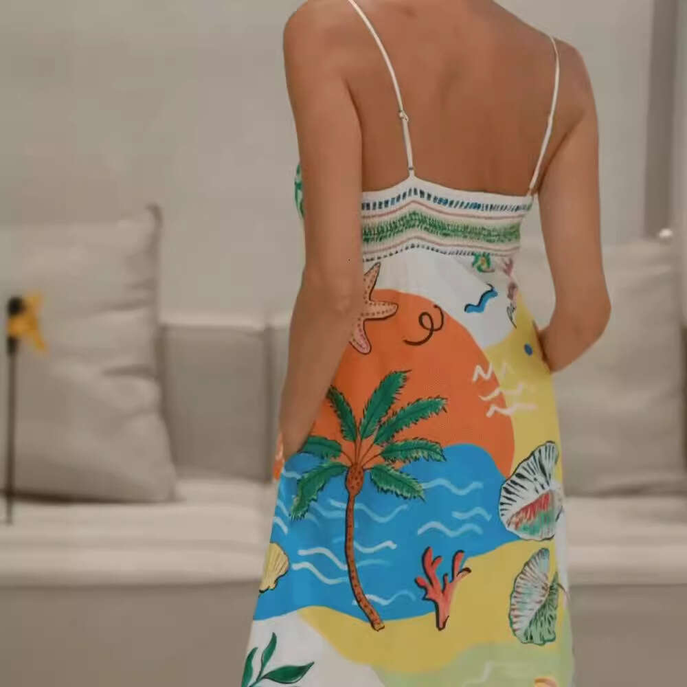 European and American Summer Women's Sexy Positioning Printed Strap Sleeveless Swing Dress 2025 New Casual Fashion Trendy Clothing