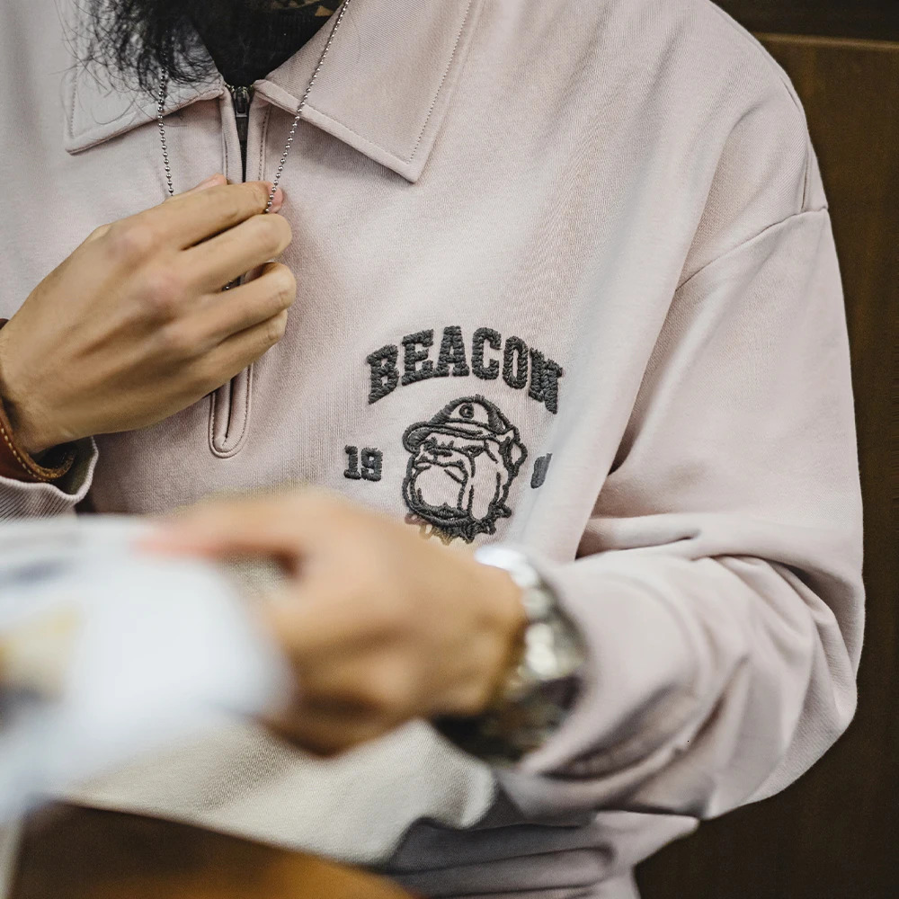 Maden Vintage Mens Long Sleeve Embroidered Sweatshirt with Letters Halfopen Front Casual Hoodie Turnedup Collar for Spring 250304