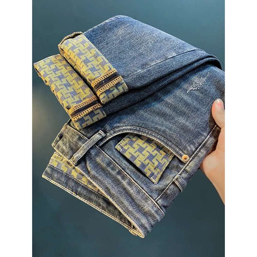 Spring New Trendy Jeans For Men's High End Light Fashion Print Elastic Casual Straight Fit Loose Cotton Denim Pants