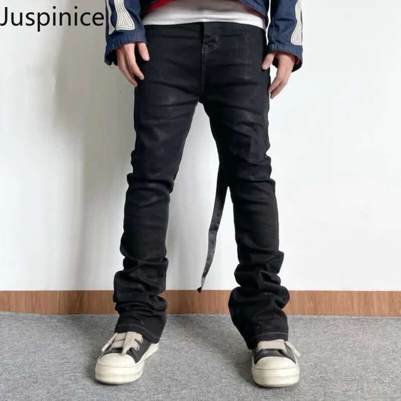 Spring Autumn Personalized Slim Jeans Men's Dark Black Casual High Street Niche Micro-Flared Pants Men Trousers Male Clothes