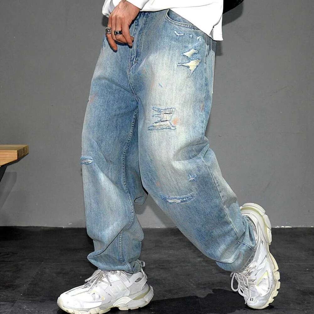 American Streetwear Distressed Ripped Jeans For Men Korean Fashion Baggy Denim Cargo Pants Hip Hop Skateboard Trousers Male