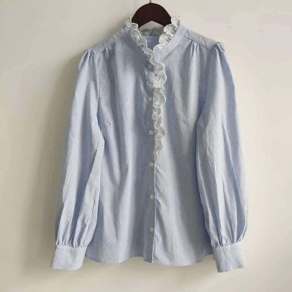 2025 Spring Summer Literary Elegant Embroidered Lace Women Cotton Stand Collar Light Blue Striped Shirt