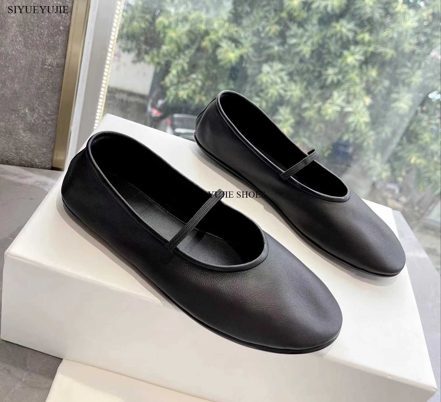 Brand New Genuine Leather Real Leather Ballet Flats Shoes Wen Black Chic Elastic Strap Mary Jane BALLERINA Shoes High Quality Y250303