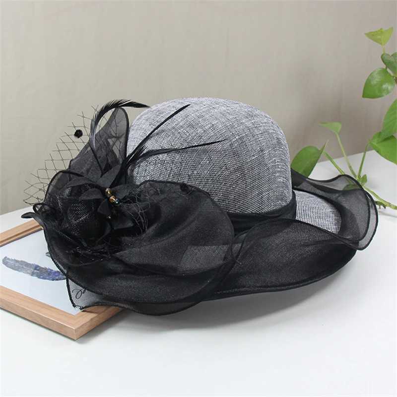 Elegant Big Brim Sinamay Chiffon Organza Flower Lace Sun Hat La Wedding Party Kentucky Dey Church Bucket HatXJ250304