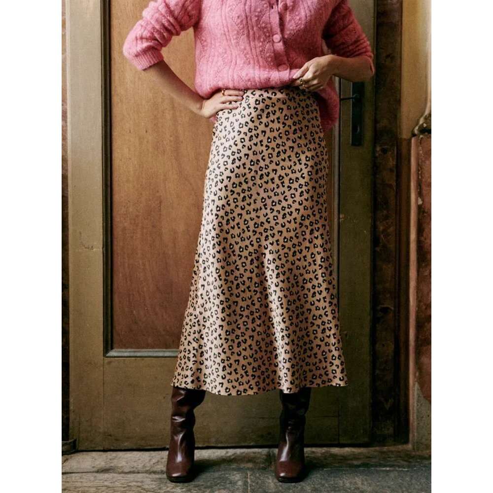 Retro Leopard Print Women Satin Midi Skirt Spring New Ladies A-E High Waisted Mid Length Jupe All-Match