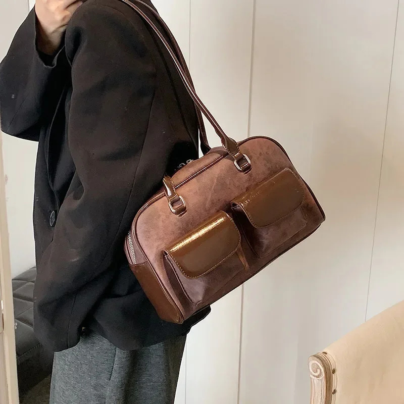 Korean Fashion Womens Shoulder Bag Soft Suede with PU Leather Bowling Handbag Casual y Vintage Boston Tote 250303