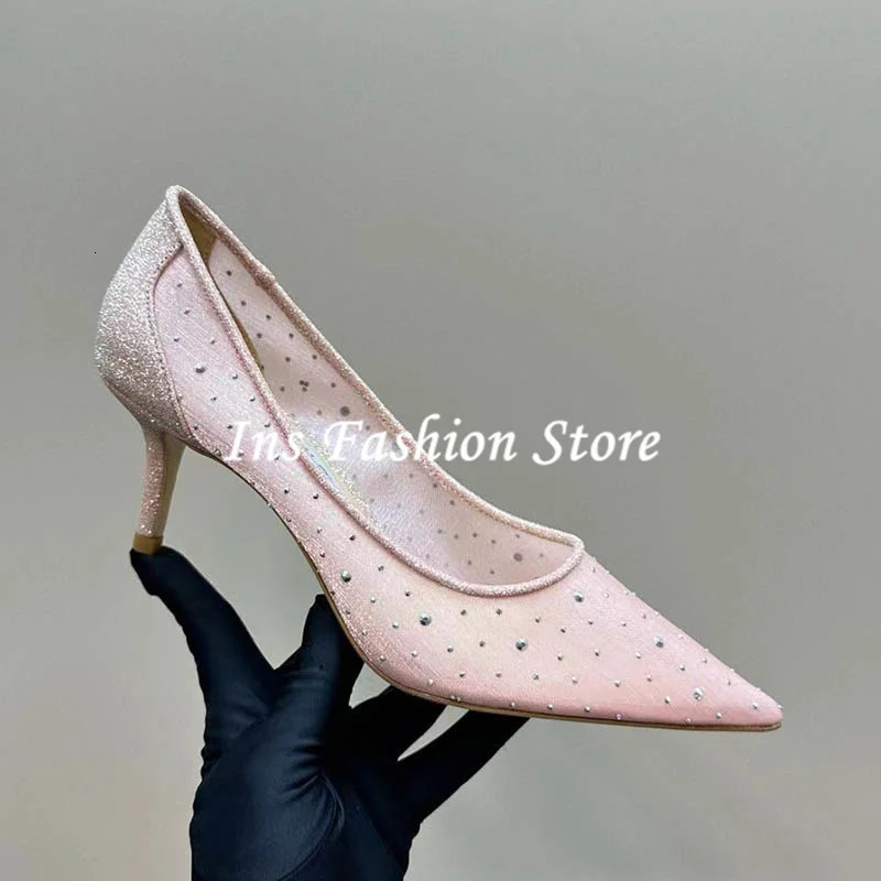 Sequins White Mesh Pointed Toe High Heels Wedding Crystal Pumps Woman Stilettos 8CM 6CM Dress Party Celebrity Shoes 250228