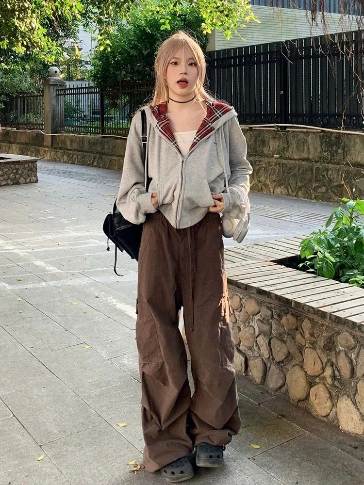 ADAgirl Vintage Plaid Patchwork Hoodies Women Gray 90s Retro Sweatshirt with Zipper Oversized Streetwear Autumn Winter Clothes 250303