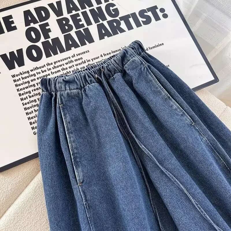 Women's New Fashion Version Loose Side Pocket Casual Pleated Jeans Retro Elastic Waist Drawstring Denim Pants Yaki