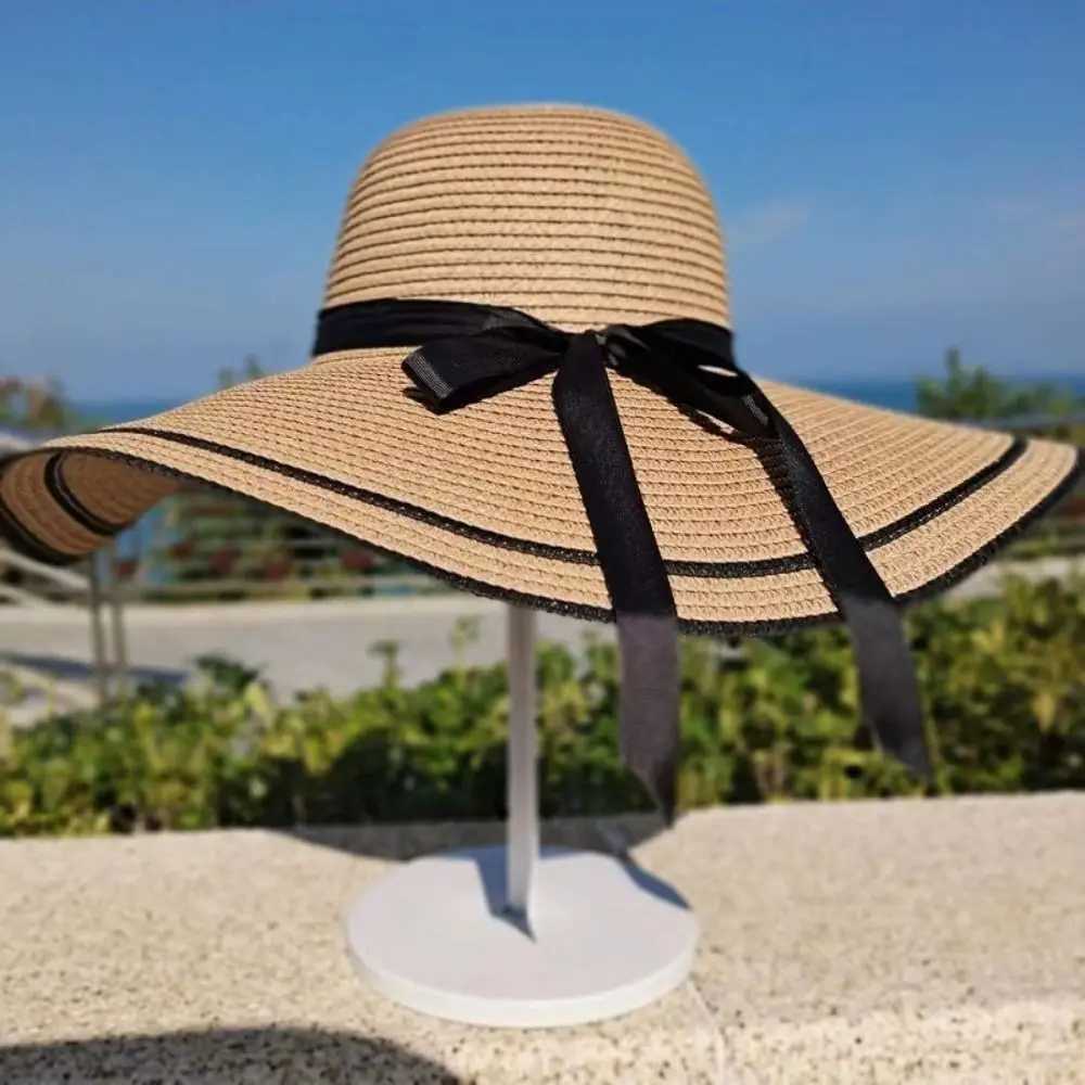 Portable Wide Brim Str Hat Casual Summer Ribbon Bow Tie Str C Travel Large Brim Beach Hat WomenXJ250304