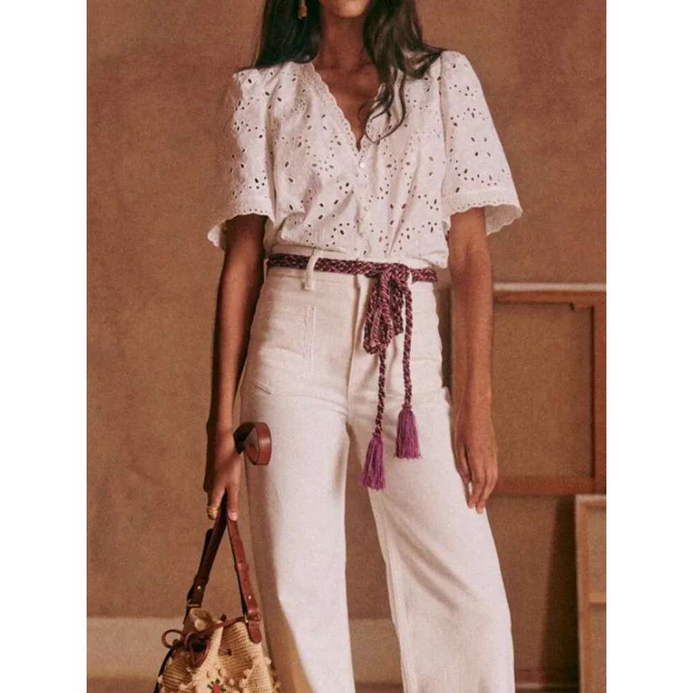 Women Wavy Edge White Cotton Shirt 2025 Early Autumn Female Short Sleeve Blouses Embroidery Hollow Out Top