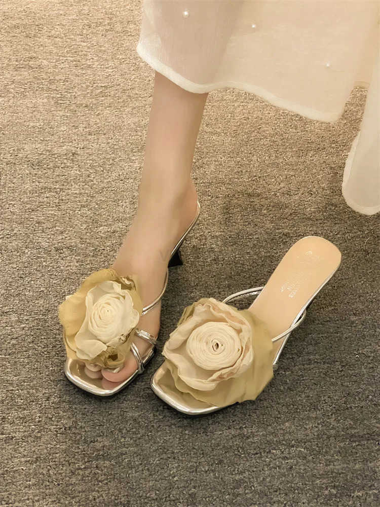 Shoes Wens Slippers Outdoor Thin H Luxury Slides Heeled Mes Flower Pantofle Summer Designer High 2024 Floral Elegant Pum Z250304