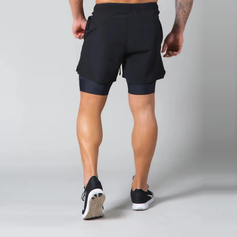 Double layered fitness shorts for men summer quick drying breathable woven 2in1 training gym clothing 250224