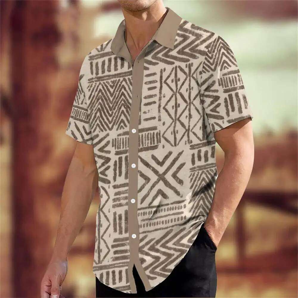 Style Summer New Designer Fashion Short Sleeved Shirt Personalized Retro Totem Print Men's Casual Street Trendy Clothing Oversized Top Beach Wear