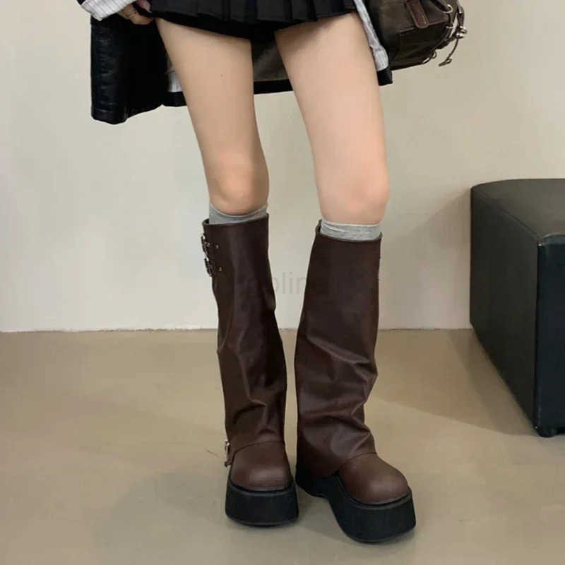 Autumn Winter Chunky Wen Knight High Boots Fion Platform Flats Trouser Long Booties Fem Wern Cowboy Shoes Z250304