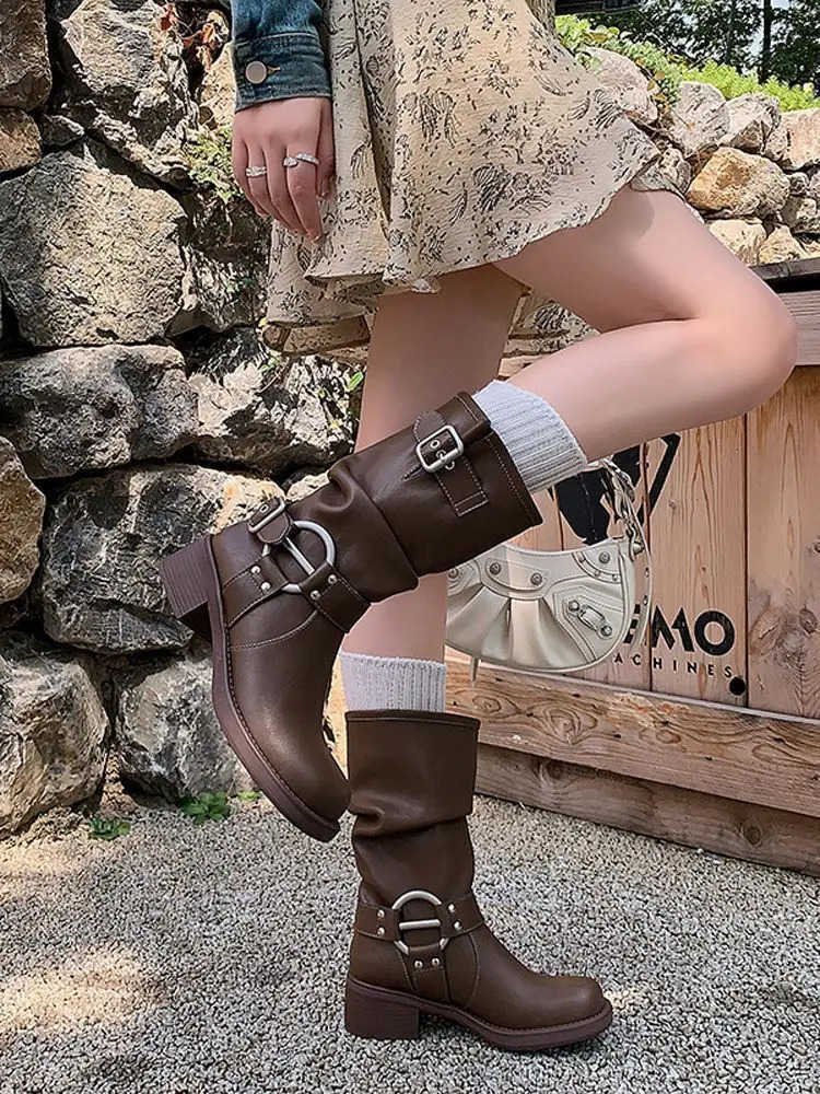 Square Toe Ladies Mid Calf Shoes Biker Brown Studded Middle Heel Wens Half High Boots Gothic Waterproof Pu Work S New In Z250304
