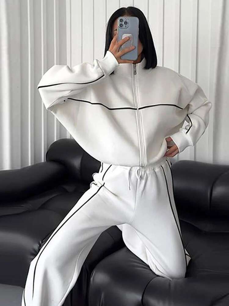 Sport Stripe Sweatshirt Two Piece Set Women White Turtleneck Long Sleeve Elastic Waist Pant Sets Female 2025 Spring Autumn
