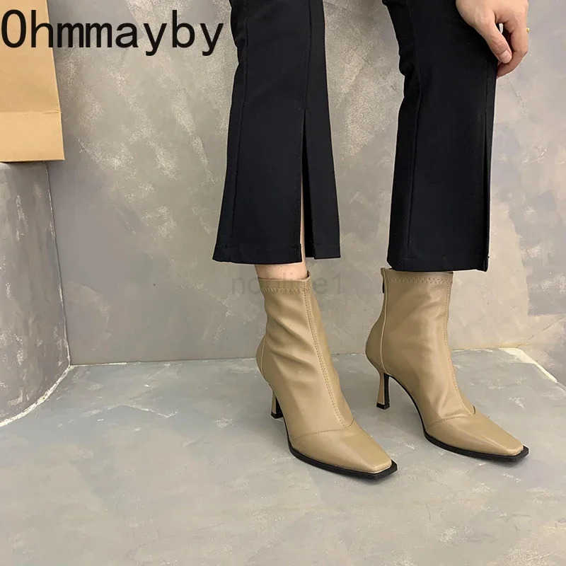 High Heel Wen Streh Slim Ankle Boots Fion Elegant Square Toe Short Booties Autumn Winter Laides Warm Fleeces Shoes Z250304