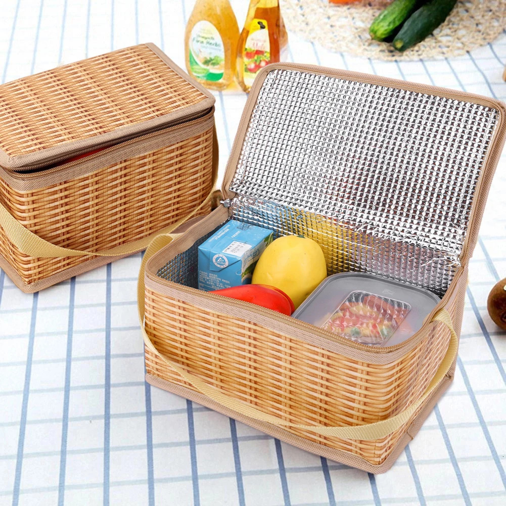 Ship from US Portable Wicker Rattan Outdoor Camp Picnic Bag Waterproof Tableware Food Container Baskets Insulated Thermal Cooler 250304FBB