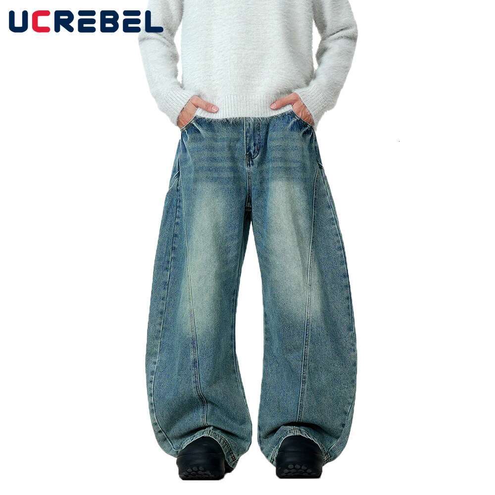 Spliced Washed Distressed Jeans Mens Retro High Street Loose Wide-Leg Denim Pants Men Trousers