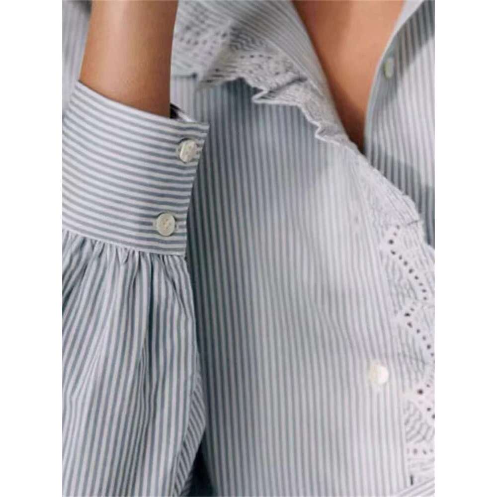 Women Stand Collar Striped Shirt 2025 New Lace Trim Ing Single-Breasted Lady Long Sleeve Blouse And Tops
