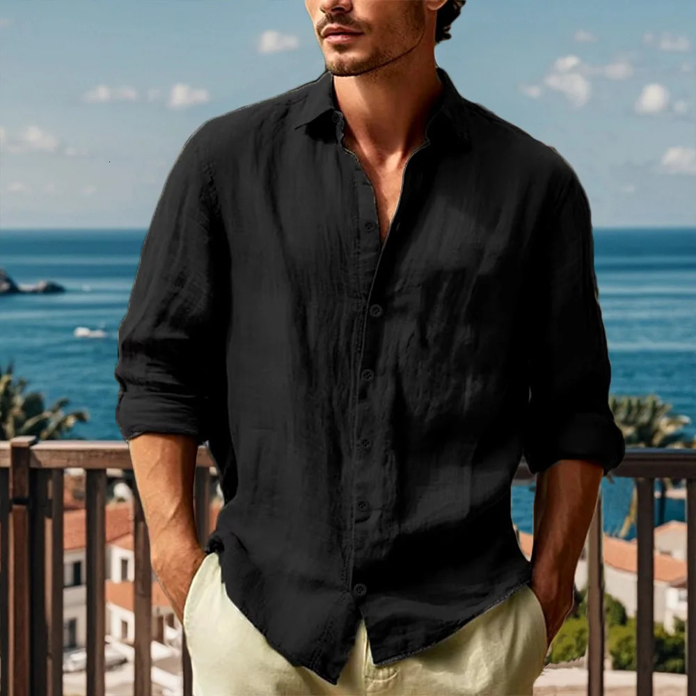 Mens Cotton Linen Solid Long Sleeve Shirt Turn Down Collar Hawaiian Lightweight Breathable Shirt Casual Male Cozy Streetwear 250227