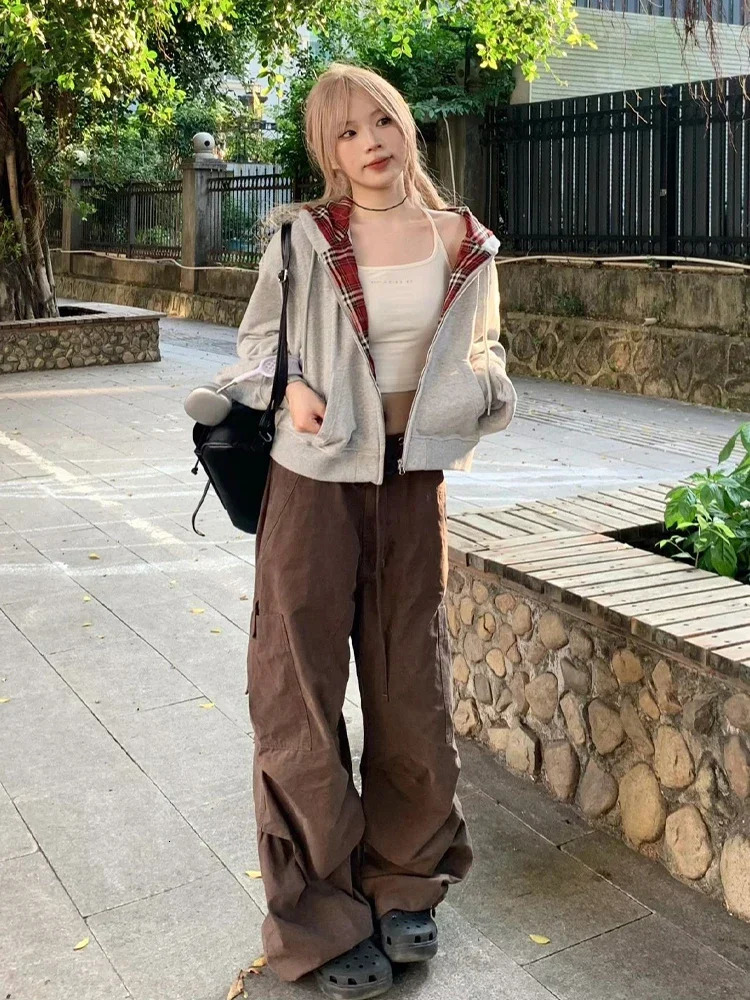 ADAgirl Vintage Plaid Patchwork Hoodies Women Gray 90s Retro Sweatshirt with Zipper Oversized Streetwear Autumn Winter Clothes 250303