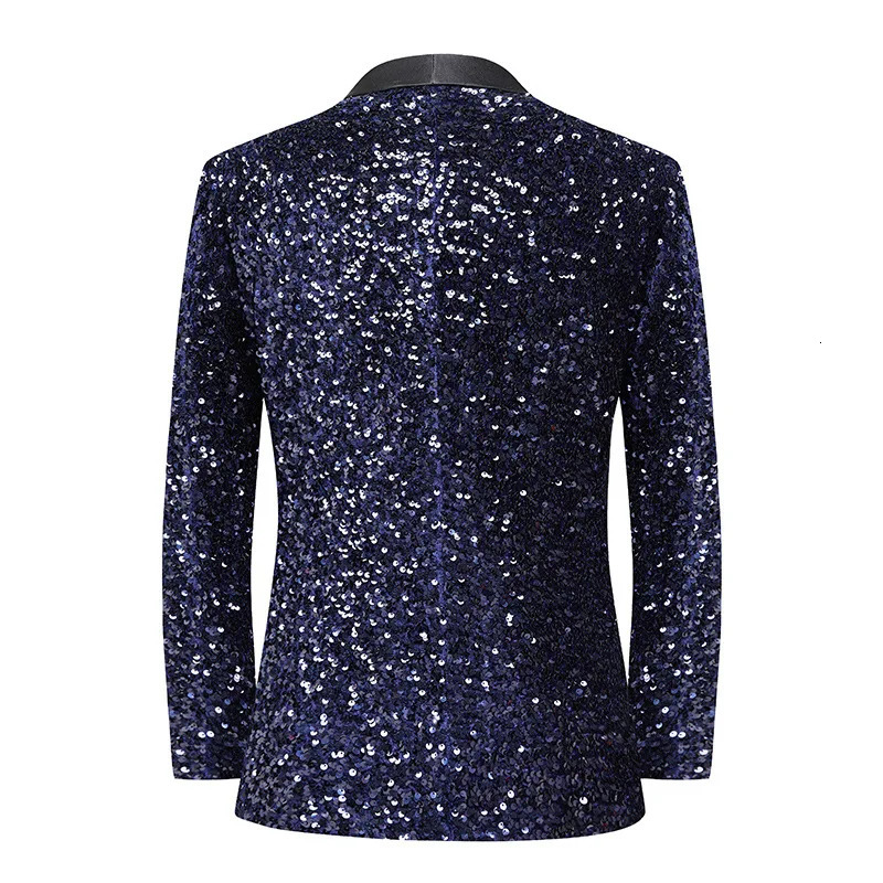 Mens Dress Blazer Navy Blue Sequin Formal Suit Jacket Shining Stage Concert Performance Tuxedo Coat Singer Host Costume 250304