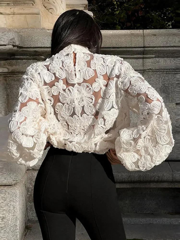 Sexy See Through Mesh Shirts Women Elegant 3D Flower Lantern Long Sleeve Patchwork Female Shirt Spring Fashion Lady Tops 250228