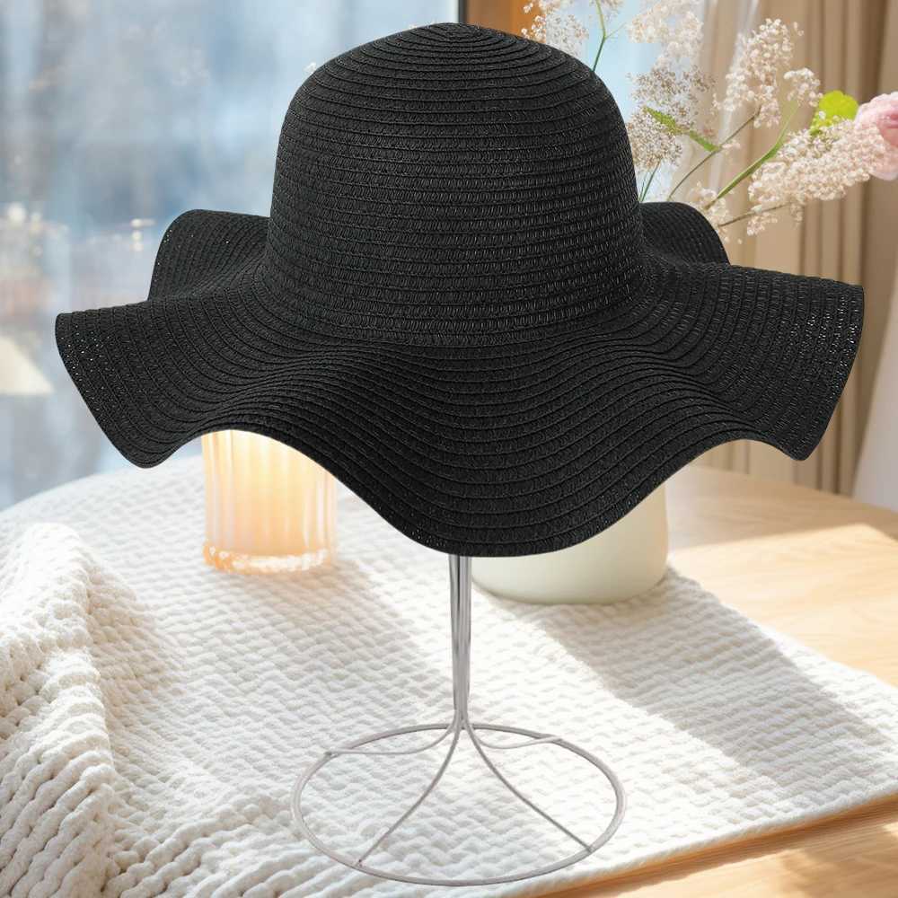 Summer Simple Solid Color Wave Edge Str Hat for Womens Outdoor Vacation Sunscreen Big Brimmed Sunshade HatXJ250304